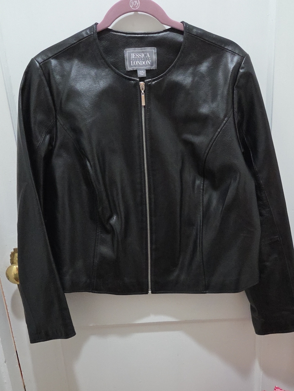 Jessica London Black Leather Zip-Front Collarless Jacket